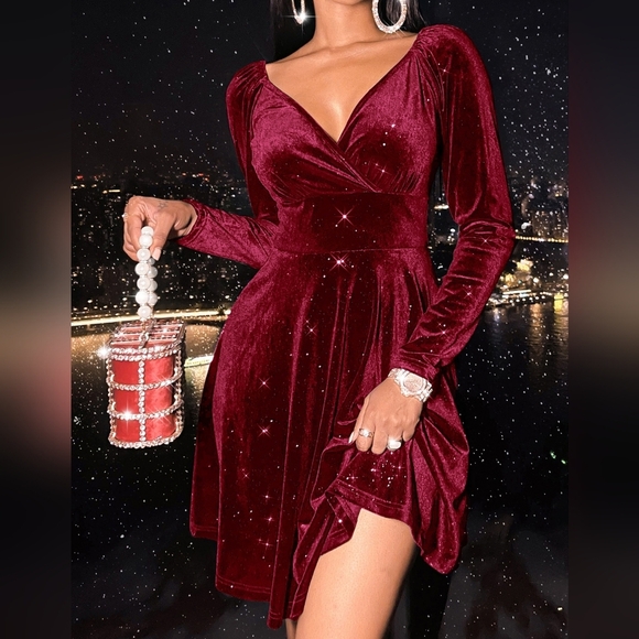 Dresses & Skirts - Surplice Neck Velvet A-line Dress